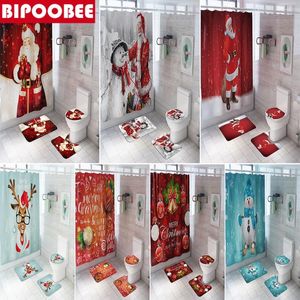 Cortinas de ducha Feliz Navidad Juego de baño 3D Muñeco de nieve Santa Claus Elk Tela Cortina de baño Alfombra antideslizante Tapa de inodoro Estera