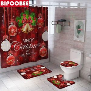Douchegordijnen Merry Christmas Badkamer Gordijn Set Bell Red Bow Printing Toilet Cover Satestal Tapijten Anti-slip tapijtbadmatten