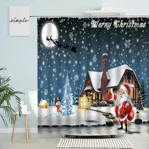 Rideaux de douche joyeux noël rideau de santa claus elk sleigh hiver forêt snow moon moon night vue salle de bain étanche écran décor de la maison