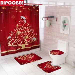 Douchegordijnen Merry Christmas Gordijn Kerstmis Tree Rood Bad Tapijten Anti-slip Tapijt Toilet Deksel Cover Mats Badkamer Festival Decor