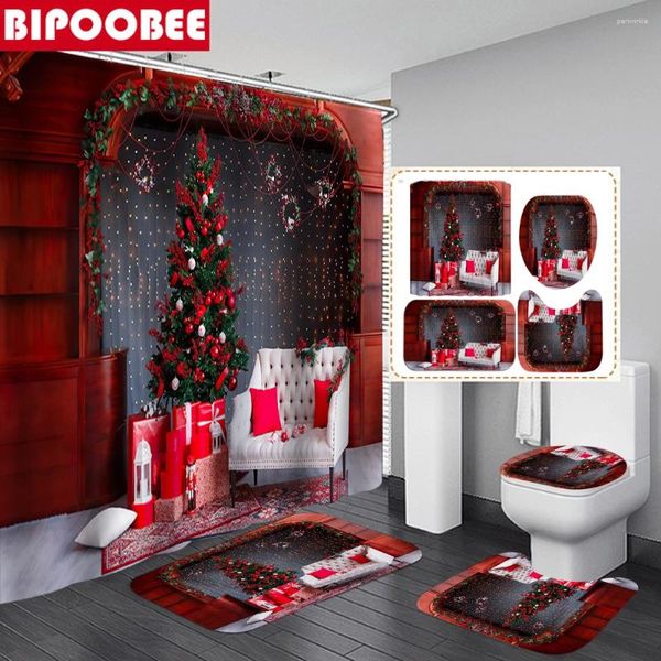 Cortinas de ducha Feliz Navidad Sala de estar roja Cortina de impresión Tela 3D Pedestal de baño Alfombra antideslizante Piso Alfombra de baño