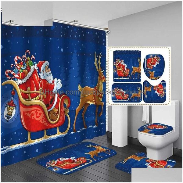 Rideaux de douche Joyeux Noël Chambres Rideau Ensemble avec toilette Er Mat Tapis anti-dérapant Santa Claus Enclos Cartoon Drop Livraison Dhbim