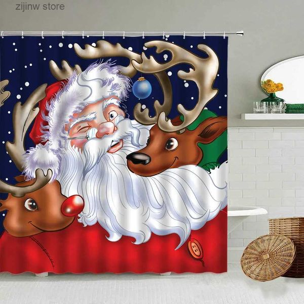 Rideaux de douche Joyeux Noël Rideau de douche Dessin animé Père Noël Elk Flocon de neige Rêve Nuit Vue Enfant Salle de bain avec crochet Ensemble d'écran étanche Y240316