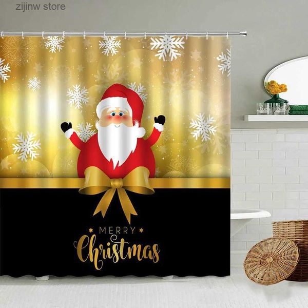 Rideaux de douche Joyeux Noël Rideau de douche Bonne année Père Noël Elk Flocon de neige Fond rouge Décor de salle de bain avec crochet Écran en polyester Y240316