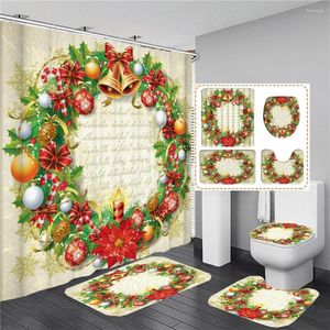 Douchegordijnen Merry Christmas Krans Grendel Gordijn Voetstuk Tapijt Deksel Toilet Cover niet-slip badmat Set badkamer met haken