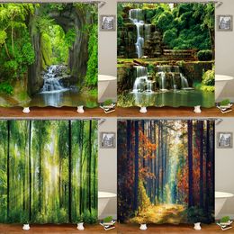 Rideaux de douche Rideau de douche de forêt d'impression 3D moderne rideau de bain de paysage d'arbre de plante verte avec des crochets pour le paysage imperméable de salle de bains 230919