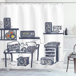 Rideaux de douche Studio d'enregistrement de rideau moderne avec appareils de musique Turntable Records Haut-parleurs Illustration numérique Tissu Fabr