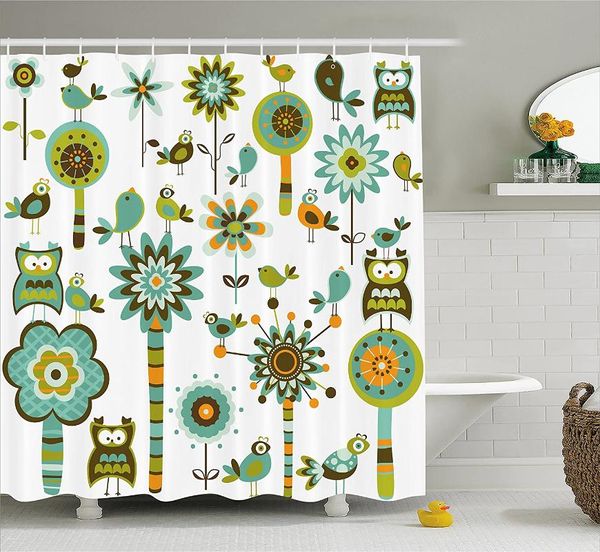 Cortinas de ducha decoración moderna cortina gráfica dibujos animados como en forma de pájaros florales árboles ilustraciones geométricas impresión impermeable baño