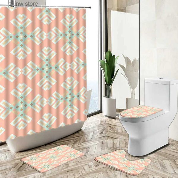 Rideaux de douche Rideau de douche géométrique moderne motif abstrait ensemble de salle de bain pour enfant rose jaune vert Design tapis antidérapant couverture de toilette tapis de pied Y240316