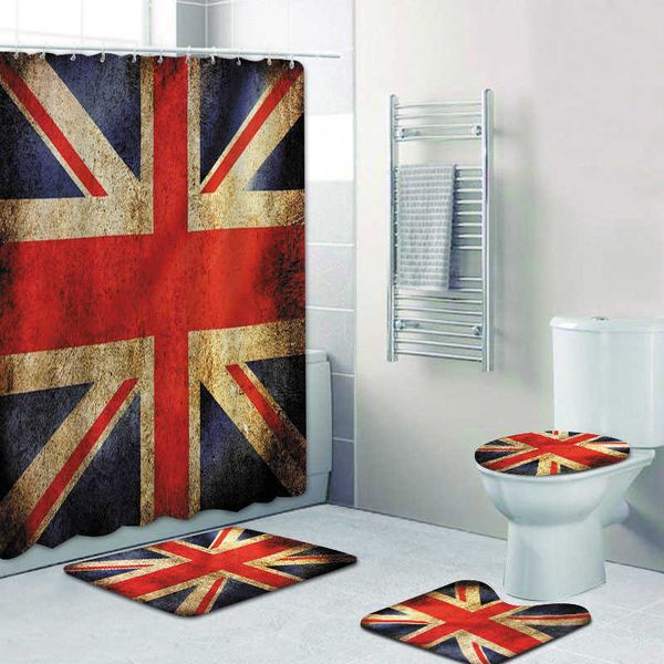 Cortinas de ducha Juego de cortinas de ducha con bandera de Reino Unido y grunge moderno para baño Alfombra de baño Alfombra para inodoro Bañera Bandera británica Decoración para el hogarHKD230626