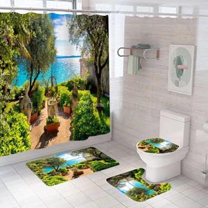 Rideaux de douche Life moderne 3D Imprimée rideau de forêt Green Tree Beach Landscape Bath de paysage avec crochets pour la salle de bain paysage étanche