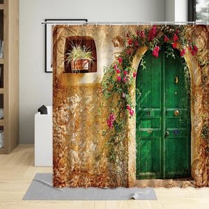 Rideaux de douche Rideau de jardin marocain entouré de fleurs motif de porte en bois vintage pour la décoration de la maison salle de bain avec ensemble de crochets
