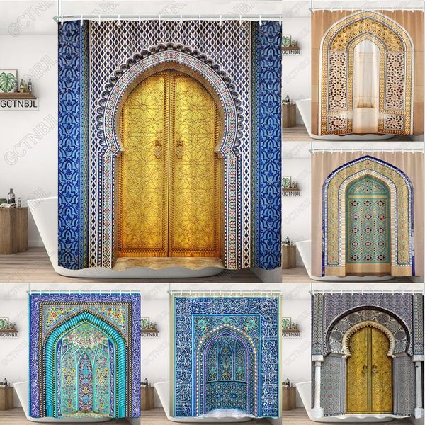 Rideaux de douche Marocain jaune Antique portes cintrées rideaux de douche vieux Vintage porte en bois salle de bain tissu imperméable rideaux de bain avec crochets 230826