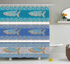 Rideaux de douche Décor en mosaïque Rideau de douche Style ancien Céramique byzantine inspirée Marine Fractal Fish Pattern Illustration Tissu Décor 230826