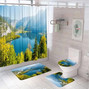 Douchengordijnen Mountain Lake View Nature Gordijn Sets groene bosboom landschap badkamer niet-slip badmatten vloerkleed toiletomslag