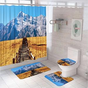 Douchegordijnen berg schilderachtige gordijnset natuurlijk landschap houten brug blauwe lucht badkamer scherm anti-slip badmat toiletdeksels tapijten
