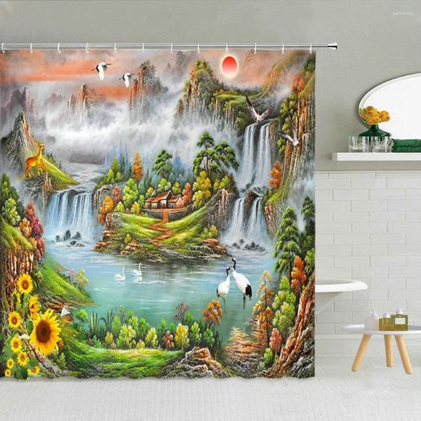 Rideaux de douche à eau de montagne de couteau de tournesol peinture 3d paysage de forêt de haute qualité écran de salle de bain décoration de salle de bain frabique avec crochets