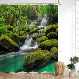 Rideaux de douche Rideau de forêt naturelle Forêt tropicale Cascade Rivière Paysage vert Montagne Imprimer Décor de salle de bain à la maison avec crochets