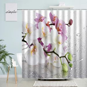 Douchegordijnen natuurlijke orchidee landelijke bloemen wit paarse bloemwater druppels achtergrond decor polyester badkamer gordijn met haken