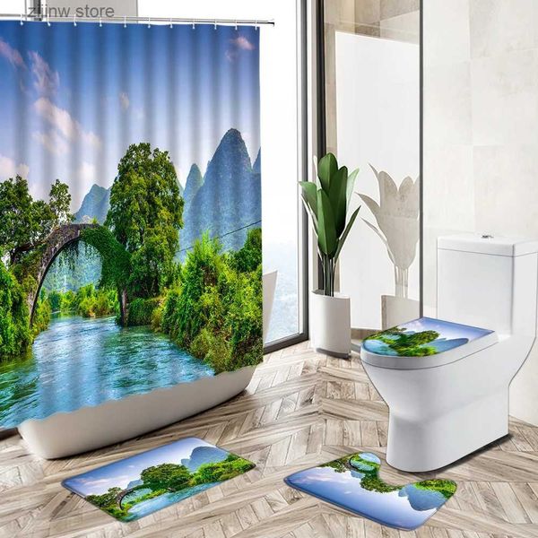 Rideaux de douche Parc naturel paysage rideaux de douche arbres plantes pont en pierre vue pavillon en bois tapis antidérapant couverture de toilette ensembles de tapis de sol Y240316