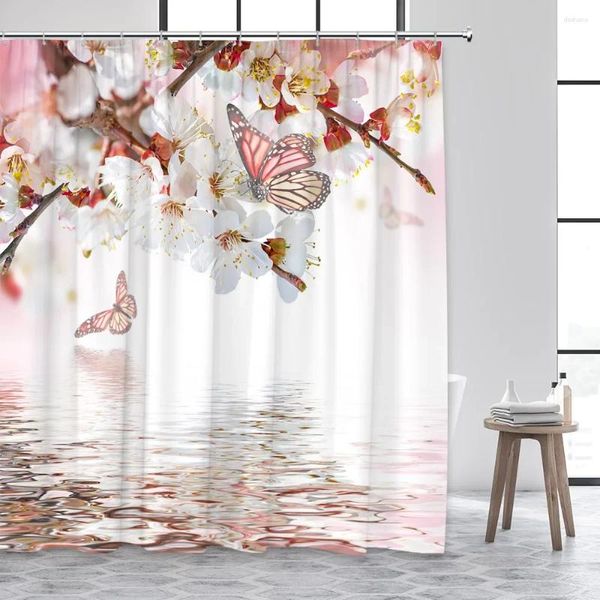 Cortinas de ducha Naturaleza Mariposa Flores Cortina Blanco Rosa Planta floral Reflexión de agua Tela Impresión Moderno Baño Decoración Conjunto