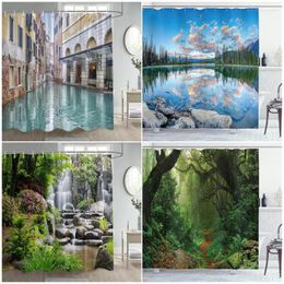 Rideaux de douche Nature Paysage Rideau Forêt tropicale Plantes Fleurs Cascade Lacs Paysage rustique Tissu Maison Salle de bain Décor Ensemble