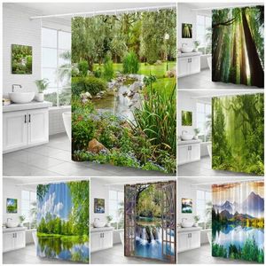 Rideaux de douche nature paysage rideau fleurs rustiques plante forêt cascade de printemps décor de salle de bain décoration de salle de bain jardin pending
