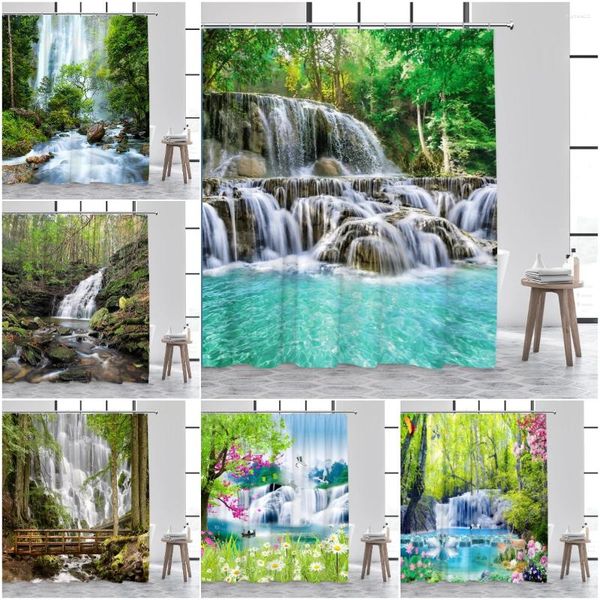 Cortinas de ducha Naturaleza Paisaje Cortina Selva Tropical Cascadas Ríos Árboles Plantas Flores Poliéster Impresión Tela Decoración de baño