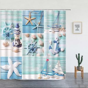 Douchegordijnen nautisch anker roer zeilboot zeesterloonconch blauw houten bord splicing print stof badkamer decor gordijnsets