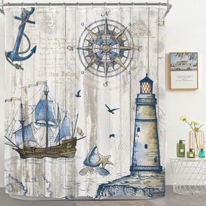 Rideaux de douche Voilier nautique Rideau de douche en bois Boussole Ancre Phare sur porte de grange vintage Tissu pirate Décor de salle de bain avec crochets 230922