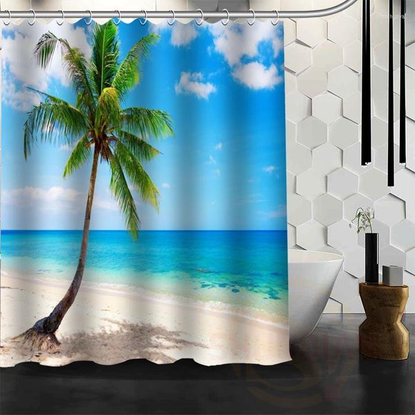 Cortinas de ducha Niza personalizada Ocean Beach Huts Palmeras Cortina Baño Tela impermeable para baño MÁS TAMAÑO WJY # 39