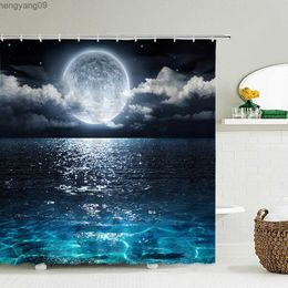 Rideaux de douche Vue nocturne Ciel étoilé Terre Lune Impression 3D Rideau de douche avec tissu imperméable Rideaux de salle de bain pour la maison 180x180CM R230822