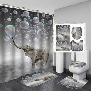 Rideaux de douche Tapis de bain en flanelle antidérapant Ensemble de couverture de bain en forme d'éléphant coloré Rideau de salle de bain Tapis de couvercle de toilette Tapis en forme de U pour