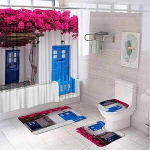 Douchegordijnen Noordse Griekenland Gebouwen Gordijn Set Stad Blauwe raam Deur Bloemboom Badkamer Decor Bad Mat Toe Toilet Deksel Cover