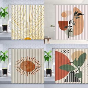 Douchegordijnen Nordic Moderne Geometrie Gordijn Set Plant Bloem Groen Blad Zon Aquarel Kunst Wanddecoratie Badkamer Polyester