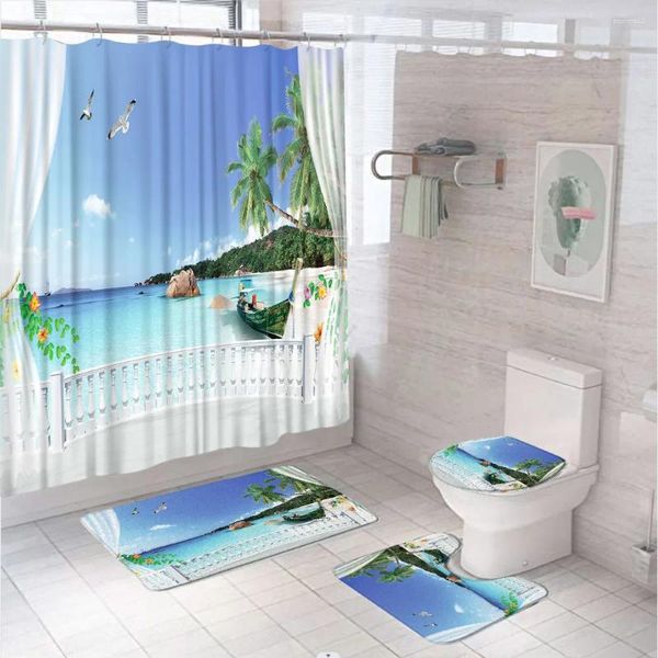 Cortinas de ducha Ocean Beach Boat Cortina Cortina Balcón de mar Tropical Coconut Escuento de baño Mats de baño Alfombras Tapa de inodoros