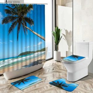 Rideaux de douche Océan plage cocotier paysage salle de bain rideau de douche ensemble bleu ciel blanc nuage été décor à la maison tapis de bain couverture de toilette tapis Y240316