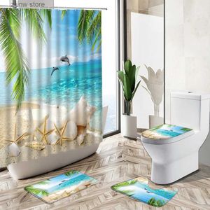 Rideaux de douche Océan plage dauphin paysage rideau de douche été plante verte feuille mer paysage maison déco tapis de bain couverture de toilette tapis de salle de bain Y240316