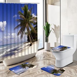 Rideaux de douche océan plage plantes vertes paysage rideau palmier Nature photographie décor à la maison tapis antidérapant couverture de toilette ensemble de tapis de bain