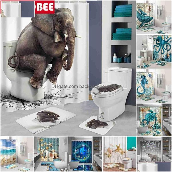 Cortinas de ducha Ocean Beach Shell Tortuga Marina Elefante Cortina 3D Impermeable Baño Pedestal Alfombra Tapa Aseo Er Baño Mat Set Drop Del Dh2Oi