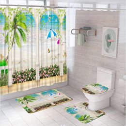 Cortinas de ducha océano playa estrella de mar cortina conjunto arco verde vid flor baño antideslizante alfombra de baño Pedestal alfombra tapa inodoro