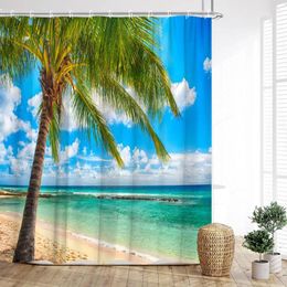 Rideaux de douche Ocean Rideau Seaside Beach Feuille de palmier Sun Starfish Paysage naturel Moderne Imprimé Home Salle de bain Décor avec crochets