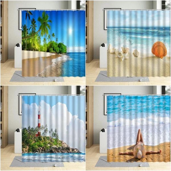 Rideaux de douche Rideau d'océan Bord de mer Plage Forêt tropicale Été Soleil Palmier Vagues Paysage Polyester Tissu Salle de bain Décor avec crochets