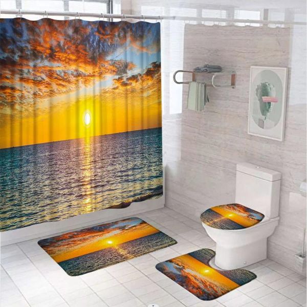 Cortinas de ducha Conjuntos de cortinas de océano Puesta de sol Mar Escénico Tela de nube colorida Baño Alfombra de baño antideslizante Alfombra de pedestal Cubierta de inodoro