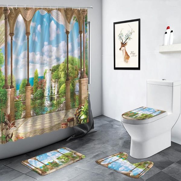 Rideaux de douche océan jardin paysage rideau ensemble de plante verte peinture d'huile créative décor de salle de bain non glissée tapis de bain de salle de bain couvercle de toilette