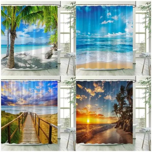 Rideaux de douche océan paysage plage cocotiers crépuscule île mer vagues Nature paysage tissu maison salle de bain décor avec crochets