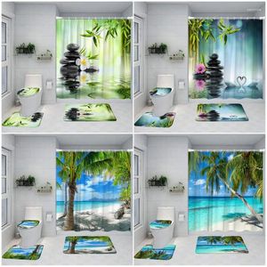 Douchegordijnen Oceaan Landschap Gordijn Set Zen Groen Bamboe Strand Palmboom Natuur Landschap Thuis Badkamer Decor Badmat Wc Deksel Cover