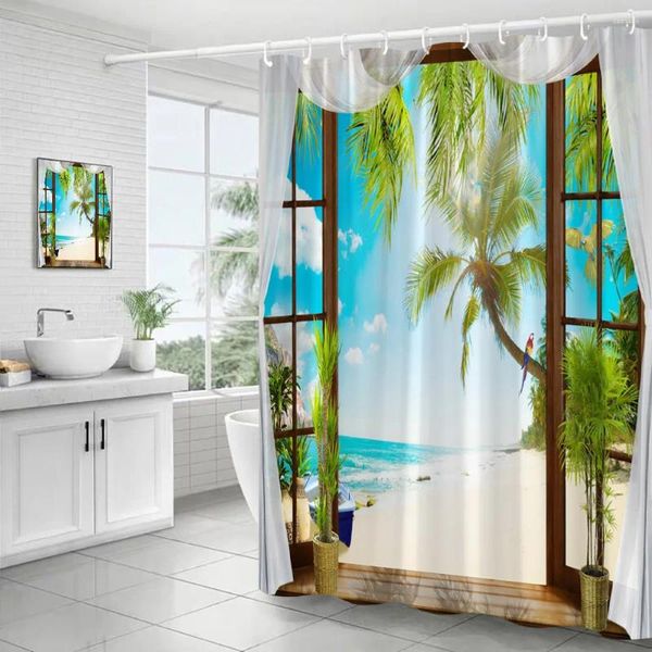 Courteaux de douche Ocean Landscape Island Beach Cocotit Trees Parrot Décor de rideau de salle de bain en polyester