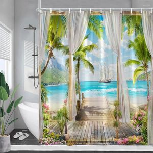 Rideaux de douche Ocean Landscape Sea Island Coconut Tree Flowers Flowers Sailboats Polyester Polyester Salle Bathroom Curtain Decor