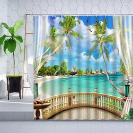 Rideaux de douche océan paysage rideau 3D fenêtre palmier plante tropicale feuille verte mer paysage salle de bain décorer ensemble de polyester